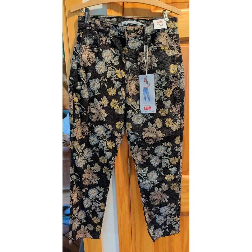 Celebrity Pink Womens 5/27 High Rise Mom Black Floral Print Jeans Stretchy NWT